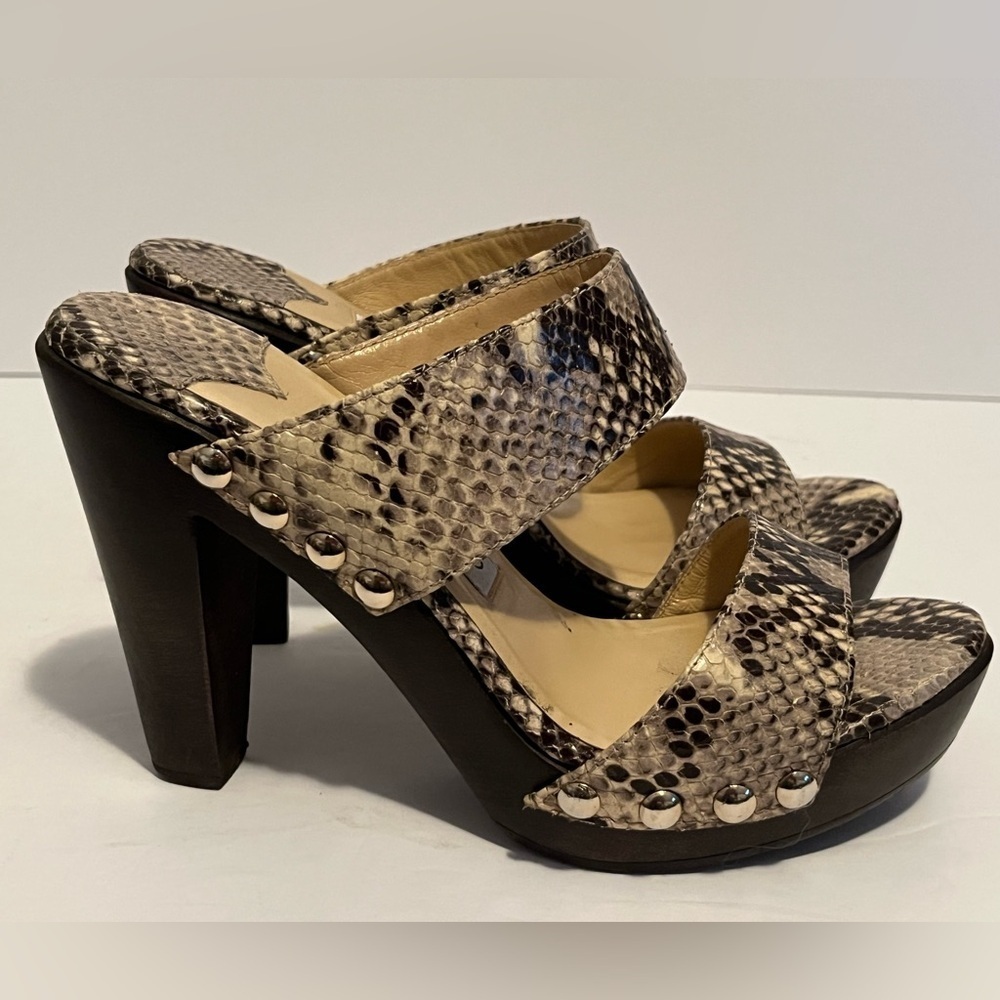Jimmy Choo Snakeskin Python Slides Sandal Wooden Studded Heels Glam City EU 37